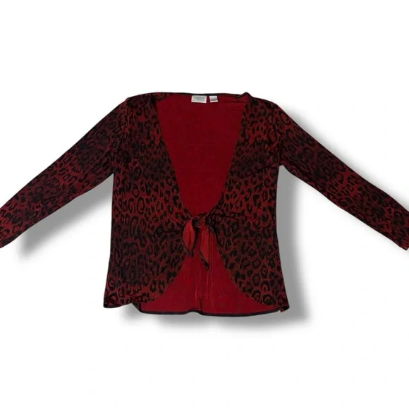 Chico’s (size 1) Bold Red Animal Print Tie Front Lightweight Cardigan Sweater - Picture 15 of 16